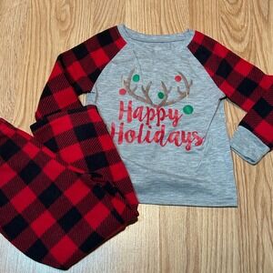 Kids 3T Happy Holidays Reindeer Christmas Pajama Set Red Black Buffalo Plaid